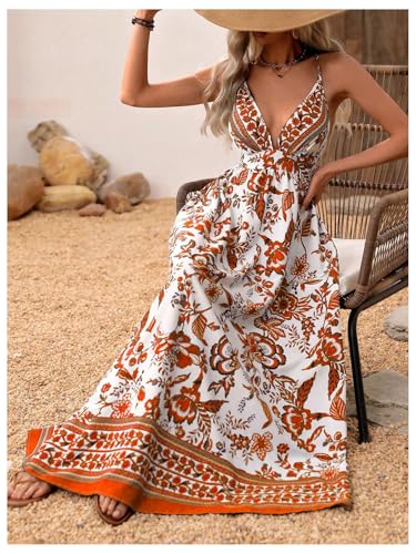 Image of MakeMeChic Women's Boho Maxi Dress Summer Luau Outfits Beach Wedding Guest Backless Sundress Flowy Resort Wear
