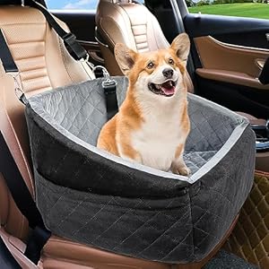 Dog Car Seat for Small Dogs,Detachable Washable Dog Booster Seat Under 30lbs, Pet Car Seat Travel Bed with Storage Pockets and Dog Safety Belt (Black/Grey)