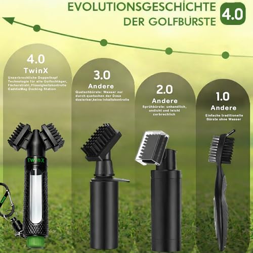 TwinX Premium Golfbürste mit Wassertank & Sprühfunktion Dual-Borstensystem für alle Golfschläger Bürste für Schlägerreinigung CaddieMag & Karabiner für Golftasche Golf Zubehör, 1 Stück