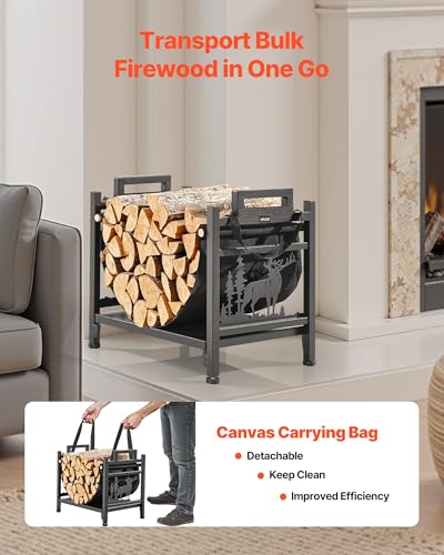 Image of VEVOR Indoor Firewood Rack, 1.5 ft Curved Log Holder with Canvas Carrier, 40lb Weight Capacity Wood Storage Stand, Powder-Coated Steel Firewood Holder, Heavy Duty Wood Pile Stacker Rack for Fireplace