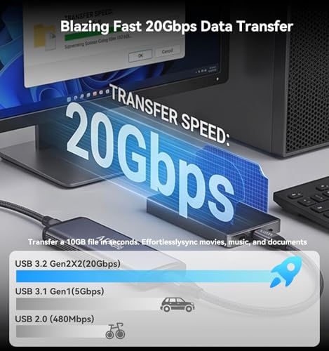 Image of 3FT USB C to USB C 3.2 Gen 2 X 2 Video Cable for Monitor, 240 Watt Fast Charging Cable, 20Gbps High Speed Data Transfer Cable, 4k@60Hz Full Function Display Cable for iPhone 17, Laptop, SSD, Hub, eGPU
