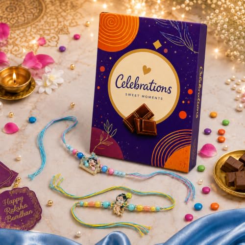 Image of Frostick Kid's Rakhi Gift Set - 2 Little Krishna and Hanuman Rakhis, 1 Celebrations Chocolate Pack, Roli Chawal, Greeting Card | Perfect Raksha Bandhan Chocolate Combo for Brother
