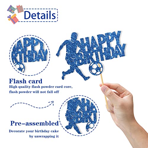 Roadsea Soccer Happy Birthday Cake Topper - Sport Theme Football Player Birthday Cake Supplies - Man Boy Soccer 1St Birthday Party Decorations - Blue Glitter #TOP2