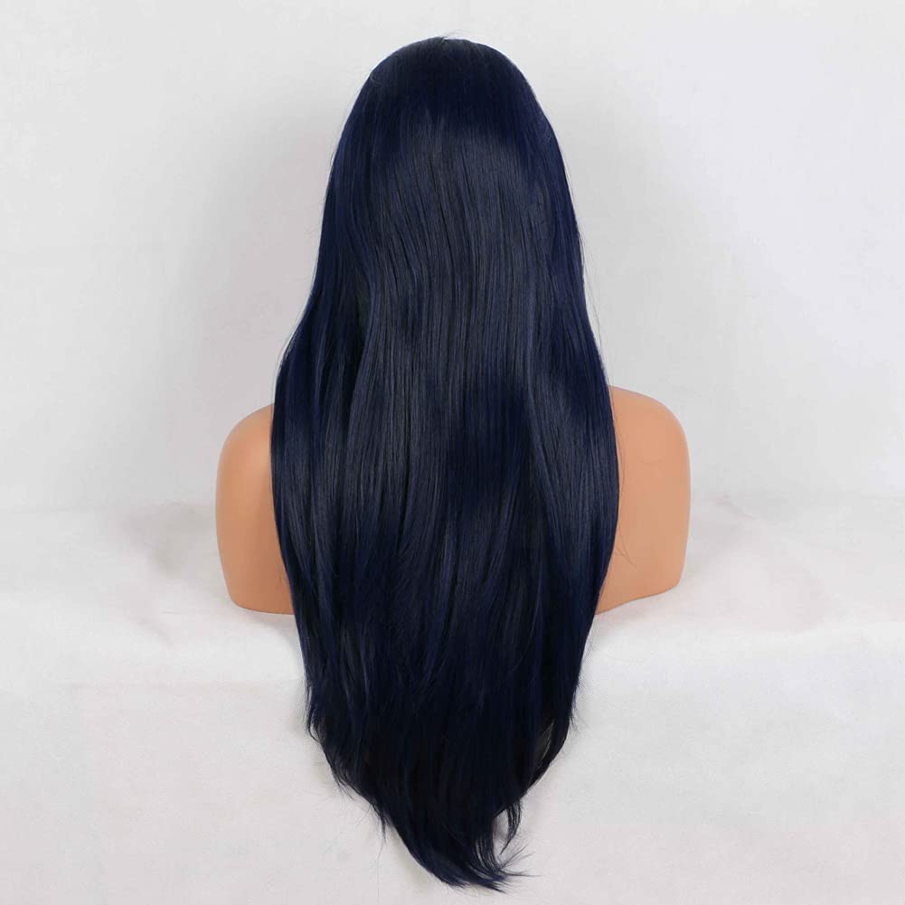 Blue Lace Front Wig for Women Long Straight Dark Blue Middle Part Wig Synthetic Natural Hairline Soft Wig Heat Resistant Fiber Cosplay Makeup Wigs 24 Inch