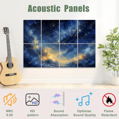 8 Pack Paneles Acústicos de Arte Absorbentes de Sonido Estilo Noche Estrellada Cielo con Estrellas y Nubes Brillantes Paneles Decorativos para Pared con Adhesivo para Estudios y Oficinas 48"x32" miniatura 3