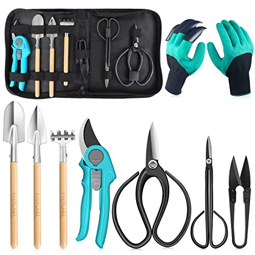 TOHOMES Bonsai Tools Set of 9 Pieces - Gardening Trimming Tools Set Including Pruning Shears, Scissors, Mini Rake, Round and Sharp Shovel with Storage Bag,Ideal Gardening Gifts