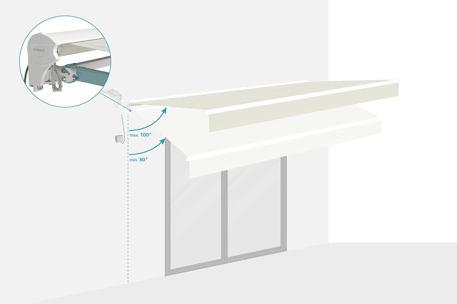 Close-up of integrated LED lighting on awning arm