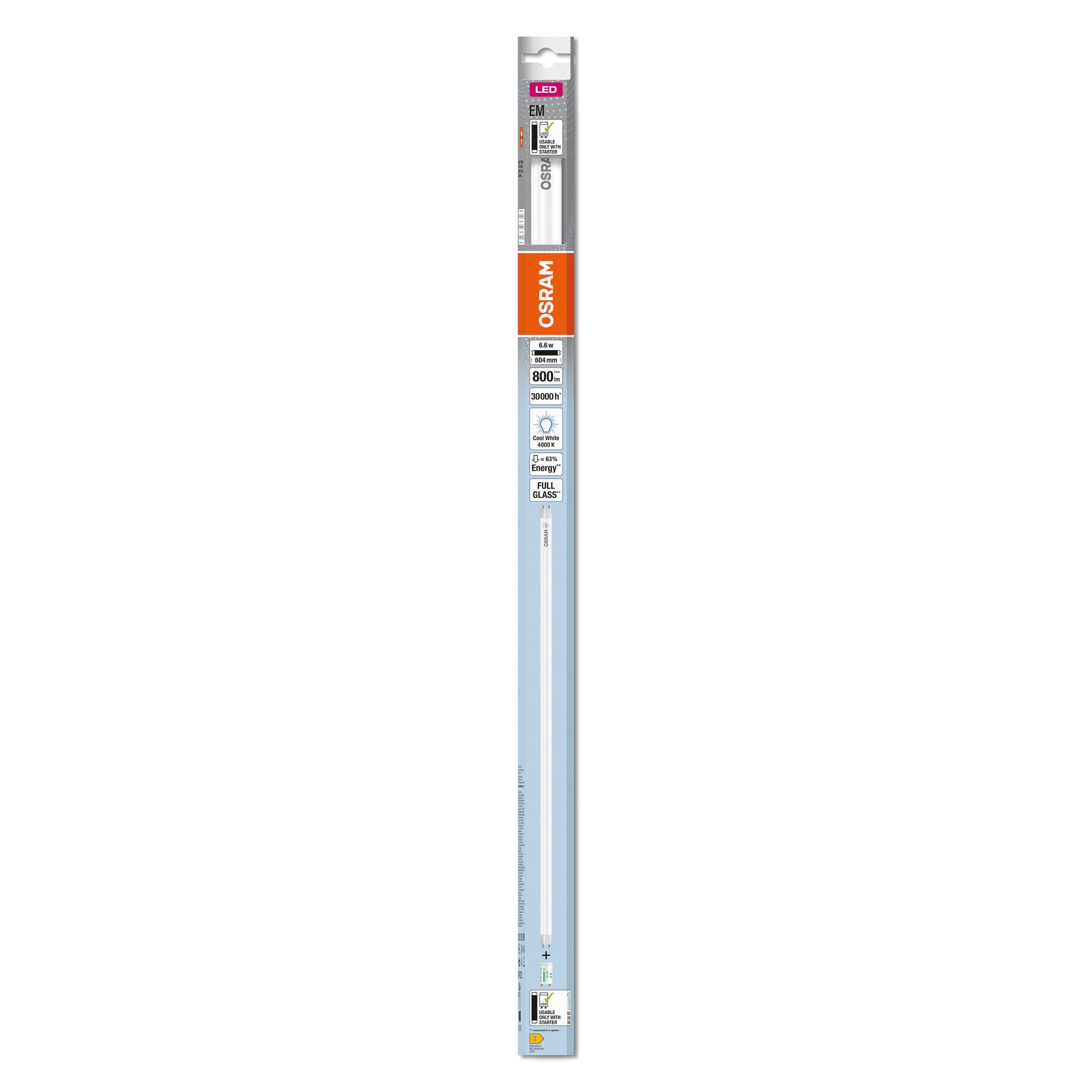 OSRAM LED TUBE T8 18 EM 600 mm, tubo LED lineare, 6.6W, 800lm, 4000K, luce bianca fredda, sostituzione LED per tubi fluorescenti T8 con attacco G13, lunga durata, basso consumo energetico