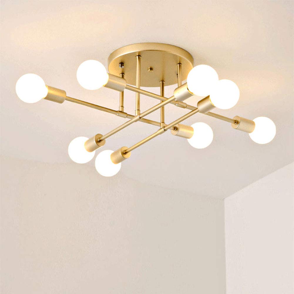 LED Industrial Iron Ceiling Lamp, Semi-Flush Mount Metal Retro Chandelier, Minimalist Kitchen Restaurant Living Room Lighting, E27 Anti-Rust & Durable,gold,8 lights