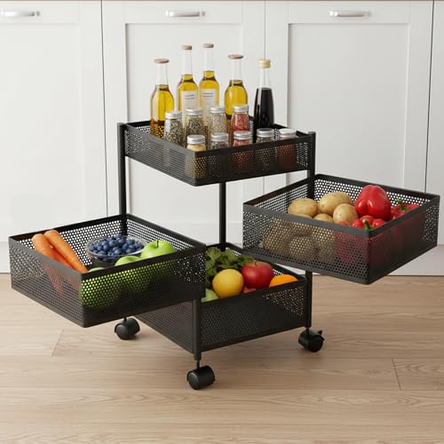 Image of BonKaso 4-Layer Multipurpose Kitchen Trolley with Swivel Storage Basket & 360 Rotating Wheels, Black Steel Frame, Easy Mobility, Space-Saving and Durable
