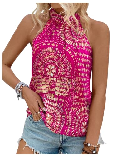 Image of RoseSeek Women's Tropical Paisley Halter Blouse Boho Shirt Vacation Tops