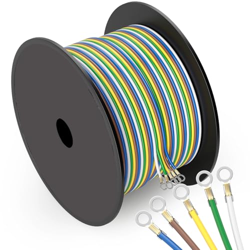 Enough Long 100FT 14 Gauge 5 Way Trailer Wire CCA Bonded Extension Cable, SAE J1128 Harness Trailer Color-Coded Primary Wire Spools for Trailer RV Camper Towing - Green/Yellow/Brown/White/Blue