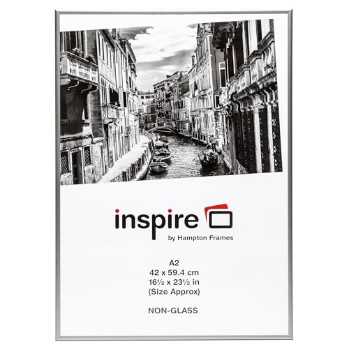 Hampton Frames | Poster Photo Frame | A2 Size, Silver, Aluminium, Acrylic Front | Brushed Satin Finish, Wall Hanging, Easy Access Spring Clips | Lightweight, Shatterproof Display