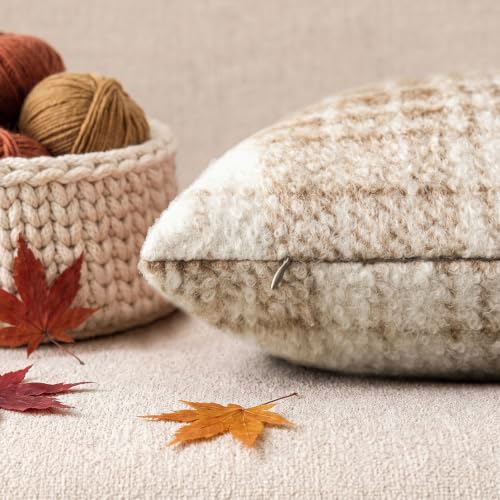 Image of Foindtower Pack of 2 Soft Faux Fur Boucle Throw Decorative Pillow Covers Fuzzy Accent Check Cushion Sherpa Boho Farmhouse Pillowcase for Couch Sofa Bed Living Room Home Decor 20x20 Inch,Khaki Brown