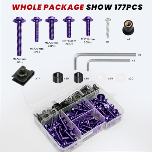 Image of 177Pcs Motorcycle Fairing Bolt Kit Purple, M5 M6 Stainless Steel 304 | Windscreen Screws Fastener Clips Universal Fit for Suzuki Kawasaki Honda Yamaha BMW Ducati GSXR