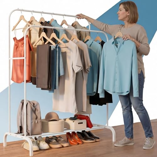 PORTENTUM Portant a vetement en acier – jusqu’à 35 kg – Penderie avec double barre et étagère porte-chaussures – Pieds antidérapants – Embouts anti-chute...