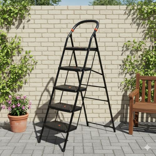 Image of CIPLA PLAST 5 Step Ladder for Home Use | Alloy Steel Ladder with Wide Steps | Foldable with 5 Slip-Resistant Steps | Durable, Heavy Duty, Anti-Skid Steel Ladder (5 Steps Milano, Black)