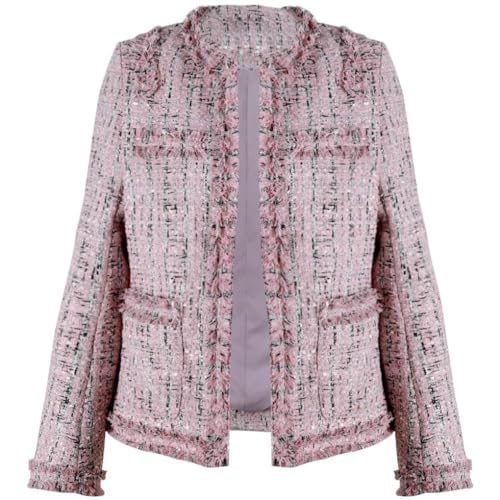 chouyatou Women's Fall Business Casual Tweed Blazer Jacket Collarless Open Front Dressy Tweed Jacket