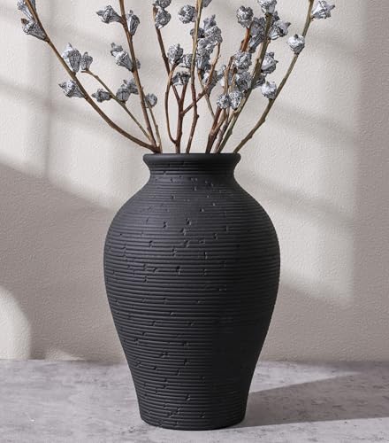 Ceramic Flower Vase Home Decor 9 in Farmhouse Table Vases Rustic Vintage Living Room Kitchen Bedroom Pottery Decorative Vases for Flowers House Book Shelf Office Coffee Desk Dining Entryway Black