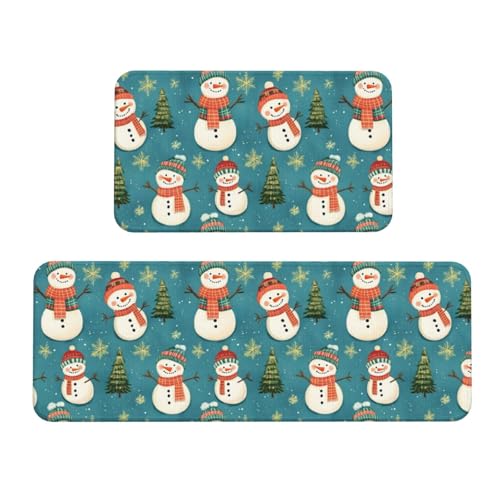 GVYGVY Antifatigue Kitchen Mats for Floor 2 Piece - Cute Snowman Christmas Tree Print Kitchen Rugs Washable, Non Slip Runner Rug Standing Mat for Office/Bathroom/Laundry/Home Decor and Accessories