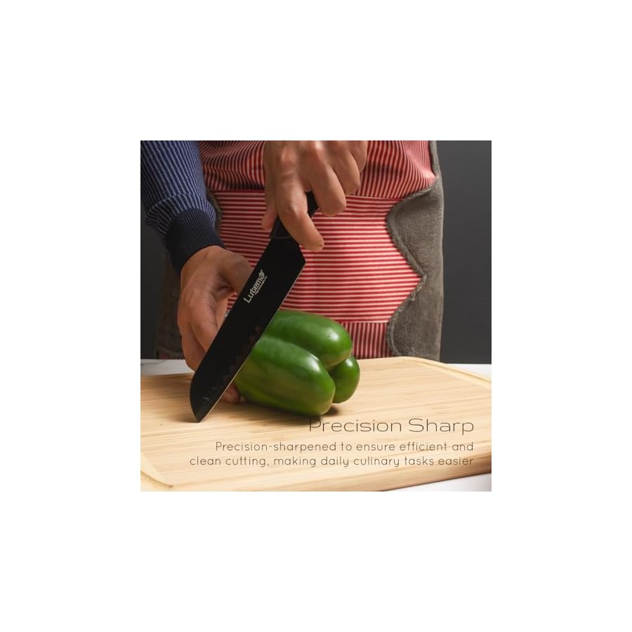 Lutema 12 Piece Black Kitchen Knife Set, Stylish Sharp Non-Stick Stainless Steel Blades with Included Guard