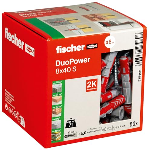 fischer DuoPower 8 x 40 S Universaldübel mit Sicherheitsschraube 2-Komponenten-Dübel Kunststoffdübel zur Befestigung in Beton Ziegeln Stein Gipskarton uvm. 50 Dübel + 50 Schrauben