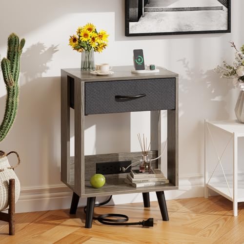 Nightstand with Charging Station and Fabric Drawer, Side Table with