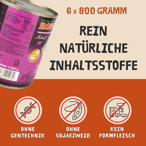 ROPODOG Hundefutter Nassfutter 6×800 g für Erwachsene Hunde Aller Rassen Premium Qualität getreidefrei, proteinreich, gut verträglich – Vollnahrung im Vorratspack (Rind & Herz)