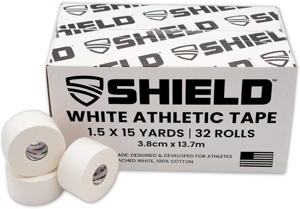 SHIELD Nastro adesivo per atletica bianca, 3,8 cm x 13,8 m, prodotto negli Stati Uniti, facile da strappare, rigido, non lascia residui. Medicina sportiva - atleti, medici, terapie e atleti: caviglie,