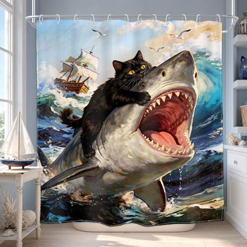 Image of Funny Black Cat Shower Curtain Riding Shark 60Wx72H Inch Decor