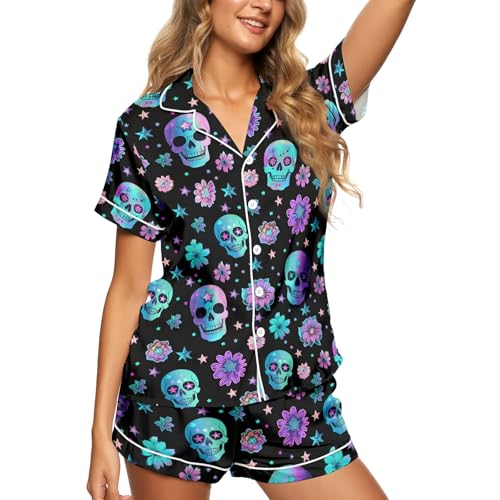HUNTFAMI Silky Short Satin Pajamas For Women 2 Pieces Comfy Sleepwear Pajama Gift in Summer Night Skeleton Skull Print