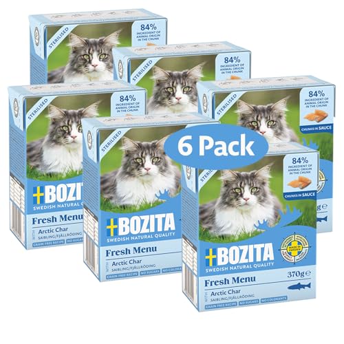 Bozita Tetra Sterilised Häppchen in Sauce mit Saibling – 6x370g getreidefreies, zuckerfreies Nassfutter für Katzen – ohne Gentechnik, mit 8,5% Protein & 4,5% Fett – hochwertig & besonders schmackhaft