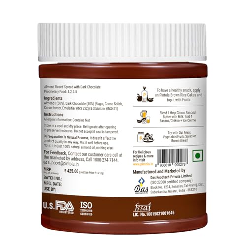 Image of Pintola Almond Butter Dark Chocolate Crunchy 350g, | High Fiber | Crispy | Gluten & Cholesterol Free | 14g Protein | Made with dark chocolate & fresh almonds
