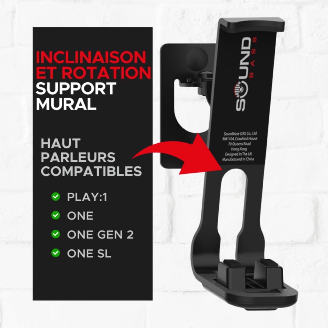 Sound bass Support Mural pour Sonos One, One Gen 2, One SL, Play:1, Noir, Simple, Compatible avec Sonos One, One Gen 2, One SL et Play 1