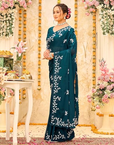 Image of SIRIL Women's Shimmer Georgette Embroidery & Scalloped Border Saree With Unstitched Blouse Piece