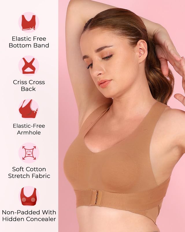 Image of Tweens Cotton Non-Padded Bonded Gym Bra for Women | Crisscross Back Support | Full Coverage Wire-Free for Workouts | Hidden Concealer | No Elastic Move Freely | Breathable Cotton | Pack of 1