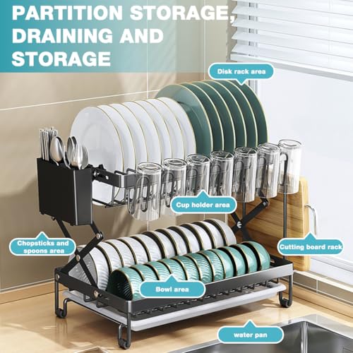 Image of HASTHIP Kitchen Dish Rack Double Layer Carbon Steel Drain Rack Cup Holder for Countertop - Multifunctional Kitchen Dish Drying Wire with Utensil Storage & Chopping Board Holder,Size 40x28x31