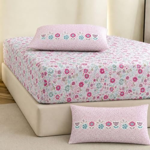 Image of Jaipur Weaves King Size Elastic Fitted Bedsheet, 100% Pure Cotton King Size Fitted Bedsheet for Double Bed with 2 Pillow Covers, 240 TC, 72x78 Inches up to 8-inch Mattress, Floral (Pink Harmony)