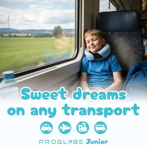 Image of Proglobe Junior Kids Travel Neck Pillow - Ergonomic Memory Foam Pillow for Airplane, Car, Booster Seat - Soft, Washable, Compact Travel Pillow with Strap - Light Blue - Ages 4-13