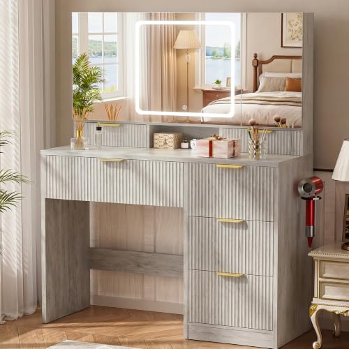 Image of COMHOMA Vanity Desk with 3-Way Mirror and Lights, Makeup Vanity with 360 View Mirror, 3 Lighting Modes, 6 Drawers,Storage Cabinet Fluted Wood Vanity Table with Jewelry Hook for Women Girls Gray