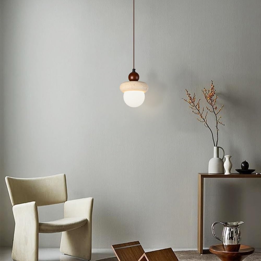 Gelbe Travertin-Pendelleuchte, 5,9" Wabi Sabi Pendelleuchte mit kugelförmigem Glaslampenschirm, Hängelampe aus Naturstein und Holz for Kücheninsel, Schlafzimmer, Wohnzimmer, Esszimmer