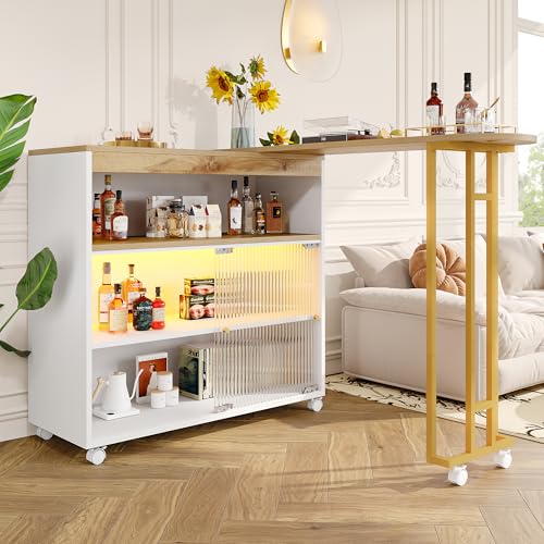 ZYLOYAL10 Mesa de bar extensible con espacio de almacenamiento, moderna mesa de bar móvil, mesa de bar telescópica con L-E-D, mesa alta de bistró, mesa alta de cocina, isla de cocina, mesa bistró,