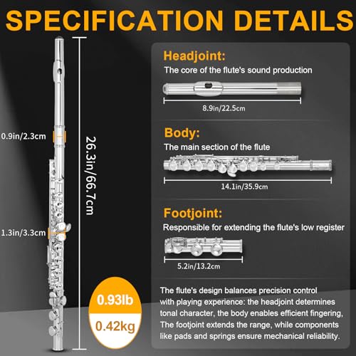 Kmise Closed Hole C Flute, Responsive Flute Instrument, Premium and Durable Flutes with Gig Bag, Collapsible Stand, Beginner's Guide, Cleaning Kit - Effortless for Beginners, Students (Nickel Plated) by Kmise - Image 2
