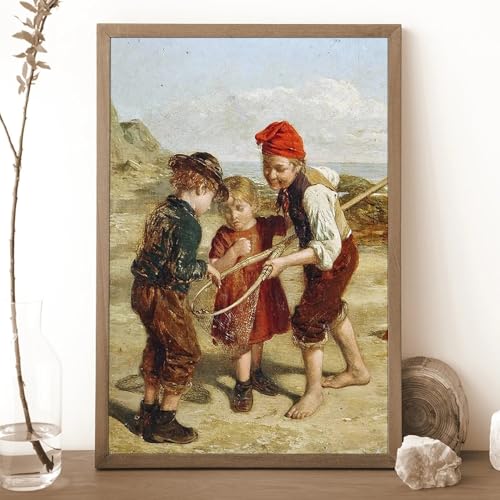 Tableau sur toile rétro 3 enfants pêchent affiche décorative salon 40x55cm