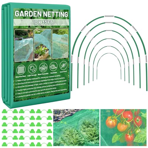 Sunwinx Garden Mesh Netting Kit for Raised Beds 10x33FT Ultra Fine Mesh Netting& 6 Sets 8FT Fiberglass Garden Hoops Insect Netting Row Cover Pest Barrier Protection for Vegetable Fruits Flowers