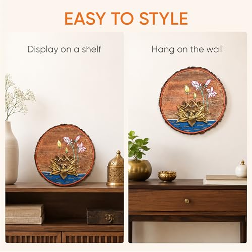 Image of AAKRITI ART CREATIONS Kamala Lotus Wall Art, Handcrafted Wooden Decor with Lotus Flower, Dhokra Art Wall Hanging Panel Set of 1 Multi Color | Matte Finish Mango Wood | Living Room, Bedroom, Office
