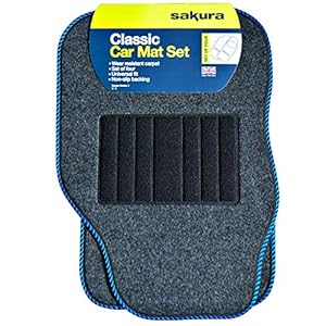 Sakura Car Mat Set of 4 Heavy Duty Hard Wearing Carpet Water Repellent Flexible Grey with Blue Trim Universal Fit Front Rear Heelpad Non-Slip Backing RHD