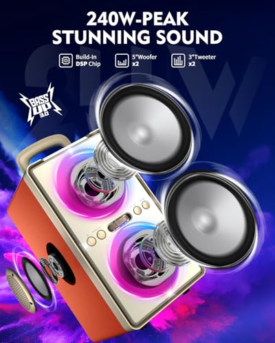 Image of YIER Bluetooth Speaker, 240W Peak Loud Party Speaker with Big Bass, 20H Playtime, TWS, BT5.3, Large Portable Wireless Boom Box with LED Light for Outdoor Backyard Beach Home (Leather Orange)