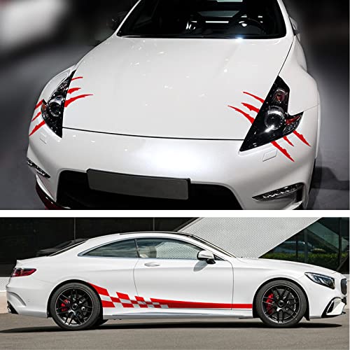 Ramuel Universal Car Auto Body Side Decals Lattice Pattern Racing Stripe Side Door Sticker Strip Vinyl Cars Accessories With Rearview Mirror Sticker, Claw Marks Headlight Decals (Red) #TOP2