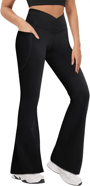Women's Yoga Trousers - High Waist Flared Leggings with Pockets